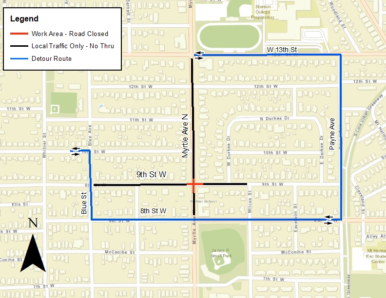 W. 9th Street at N. Myrtle Avenue Sewer Project Detour Map